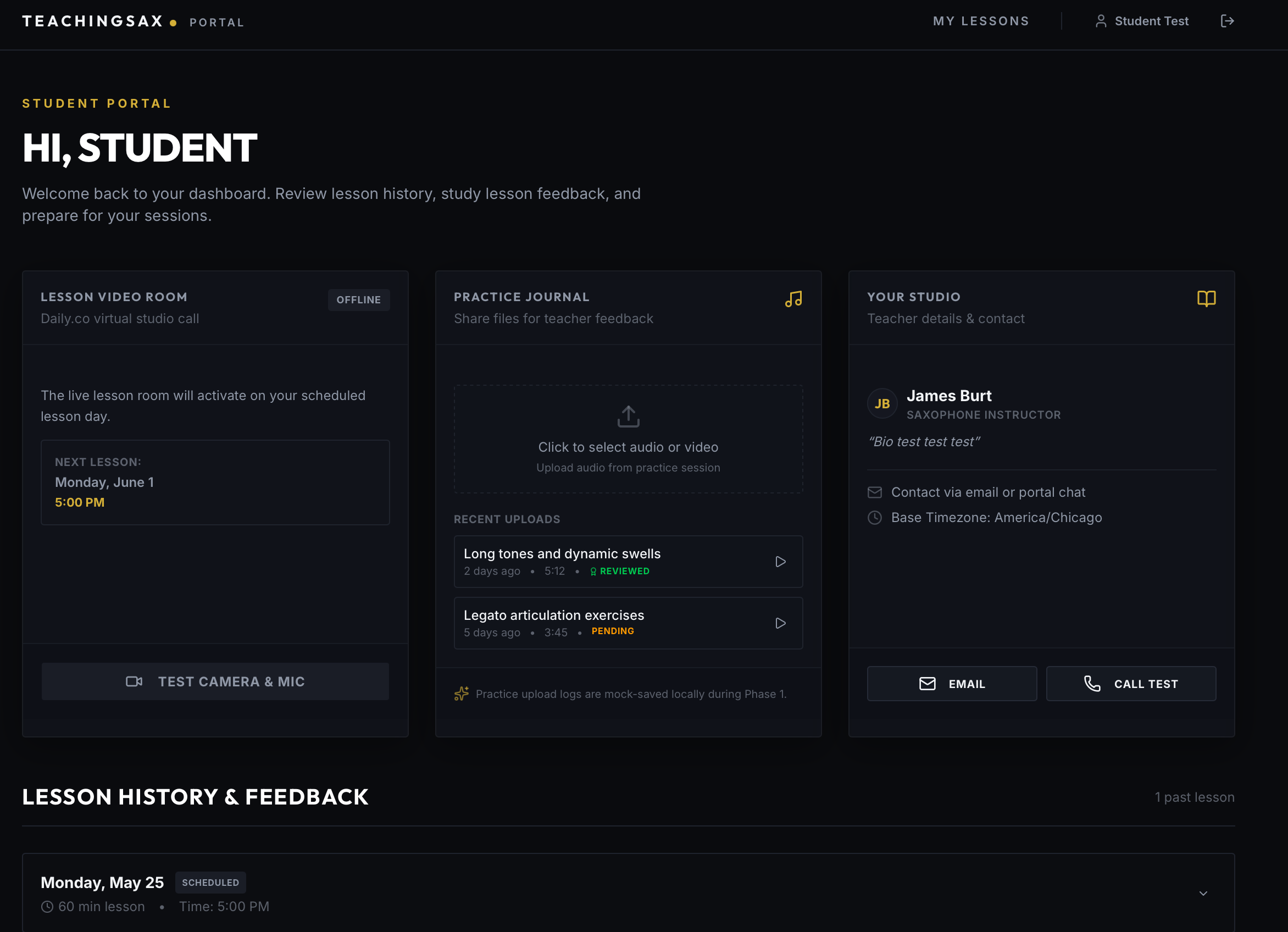 Teaching Sax Virtual Classroom Dashboard Screenshot