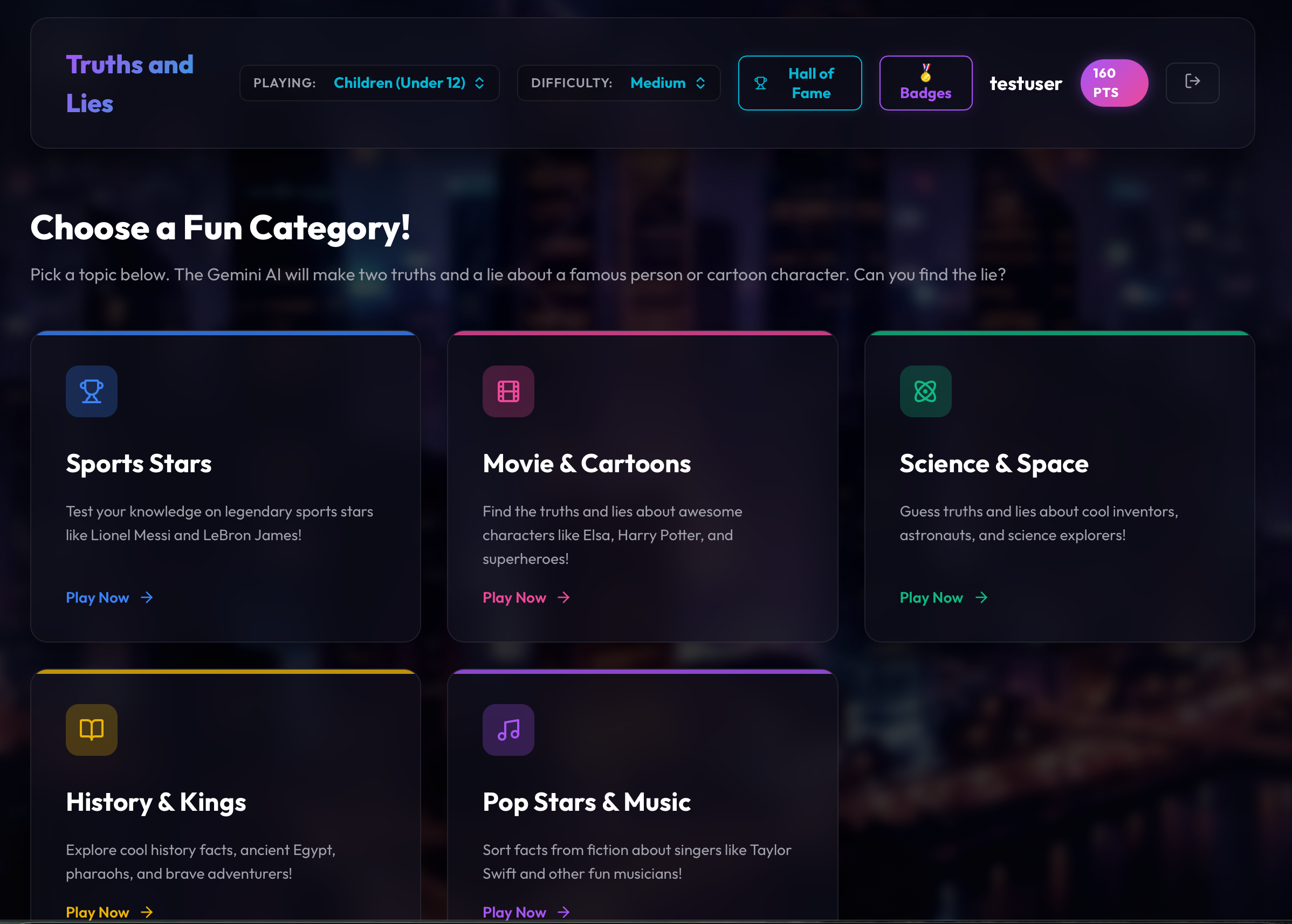 Truths and Lies Application Interface Screenshot